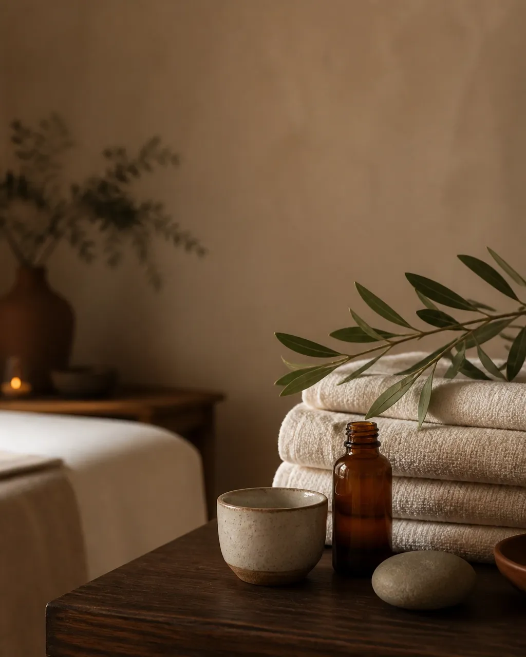 Amber bottle, folded linen, stone, and ceramic cup arranged for a wellness ritual