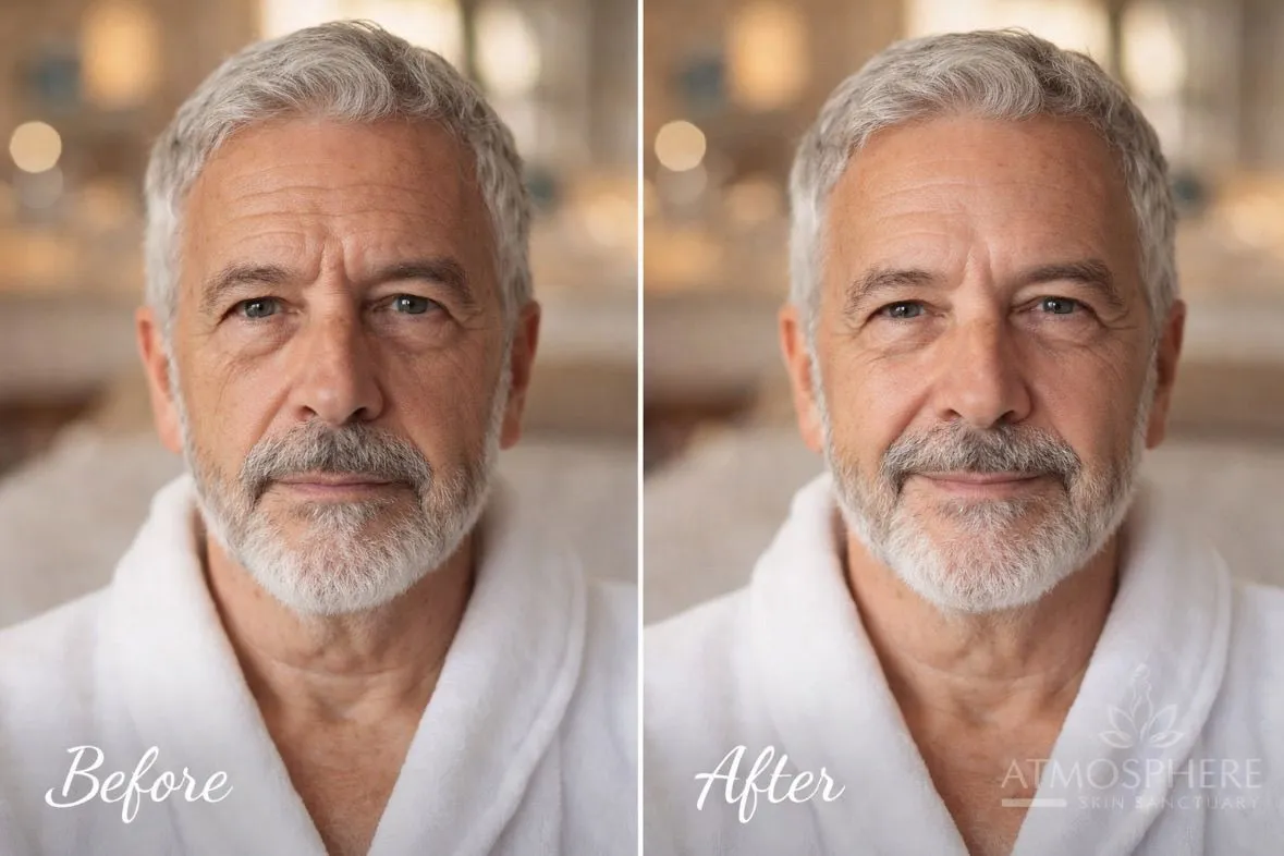 Before-and-after client result image showing a person with silver hair wearing a white robe and Atmosphere Skin Sanctuary™ branding.