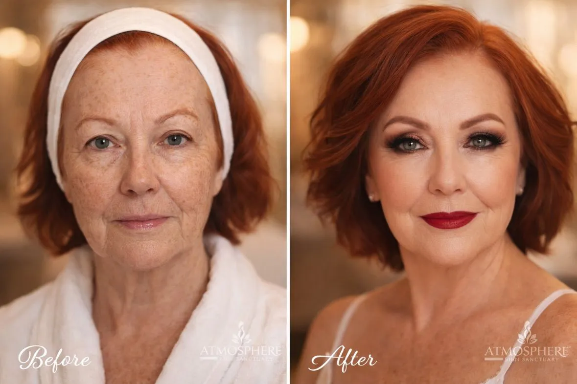 Before-and-after client result image showing a person with red hair and Atmosphere Skin Sanctuary™ branding.