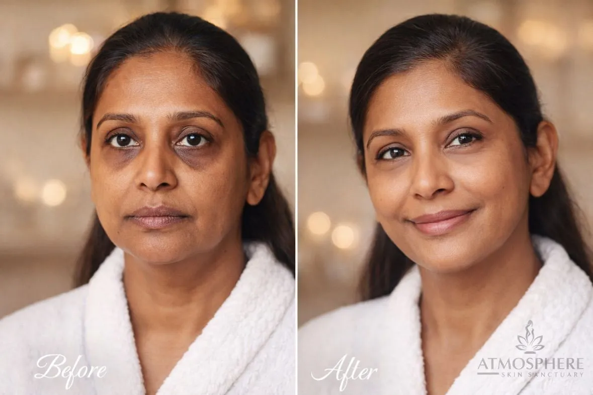 Before-and-after client result image showing a person with dark hair wearing a white robe and Atmosphere Skin Sanctuary™ branding.