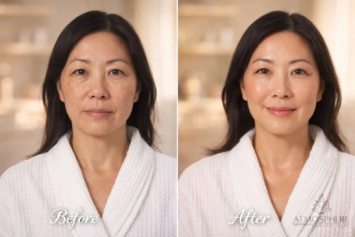 Before-and-after client result image showing a person with dark shoulder-length hair wearing a white robe and Atmosphere Skin Sanctuary™ branding.