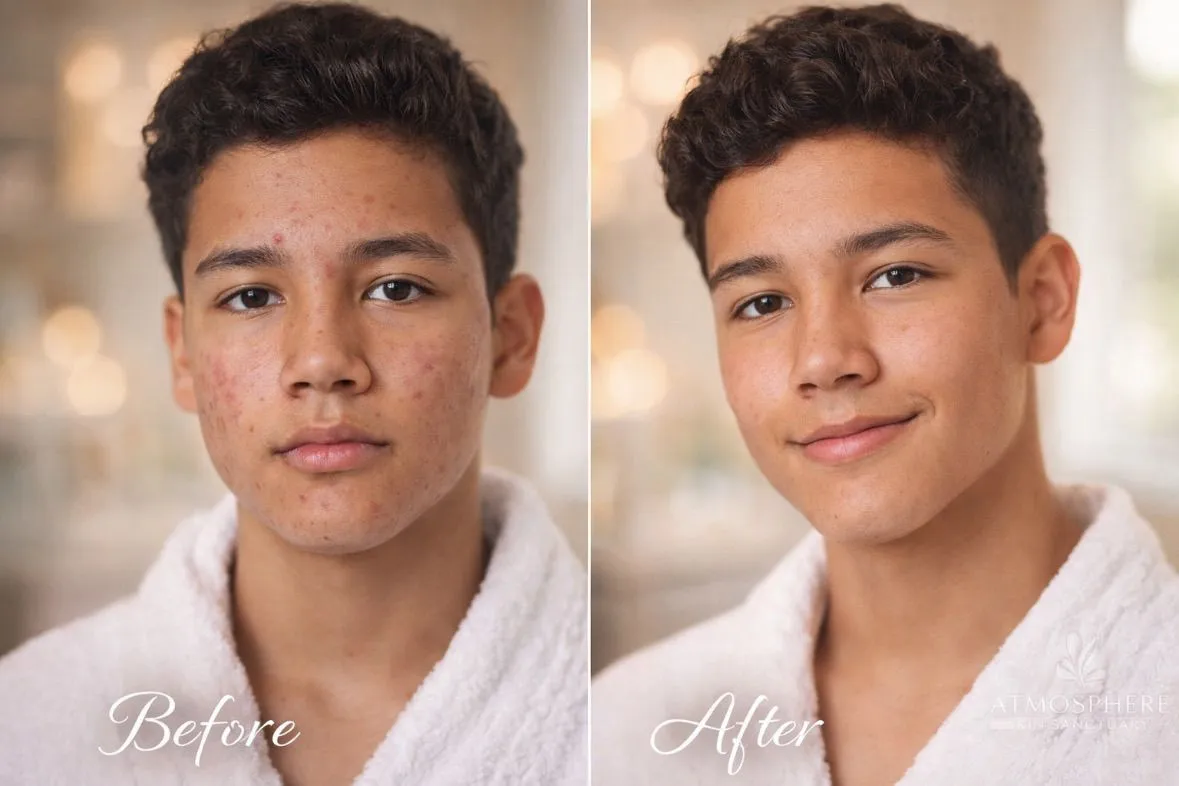 Before-and-after client result image showing a person with short dark hair wearing a white robe and Atmosphere Skin Sanctuary™ branding.