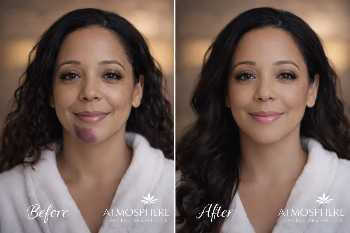Before-and-after client result image showing a person with dark curly hair wearing a white robe and Atmosphere Facial Aesthetics branding.
