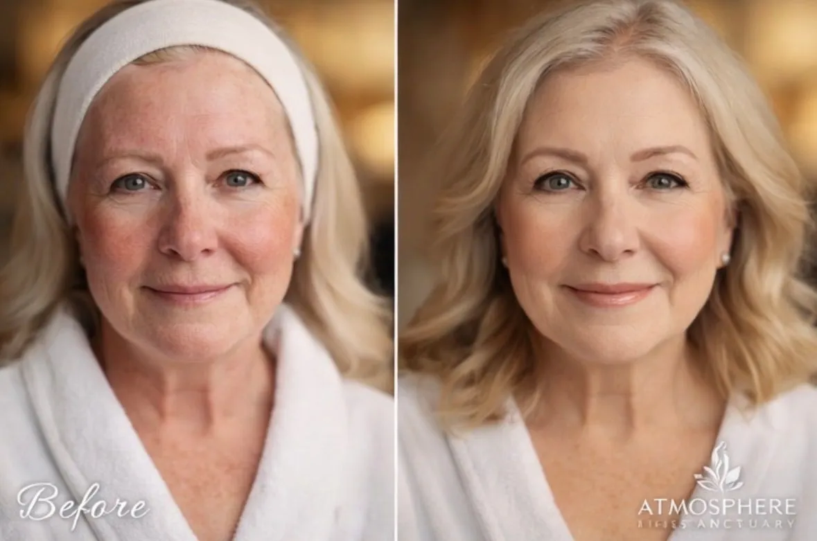 Before-and-after client result image with Atmosphere Skin Sanctuary™ branding.