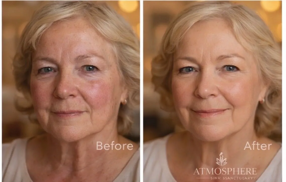 Before-and-after client result image with Atmosphere Skin Sanctuary™ branding.