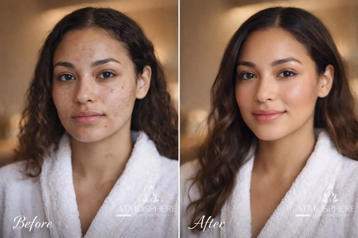Before-and-after client result image with Atmosphere Skin Sanctuary™ branding.