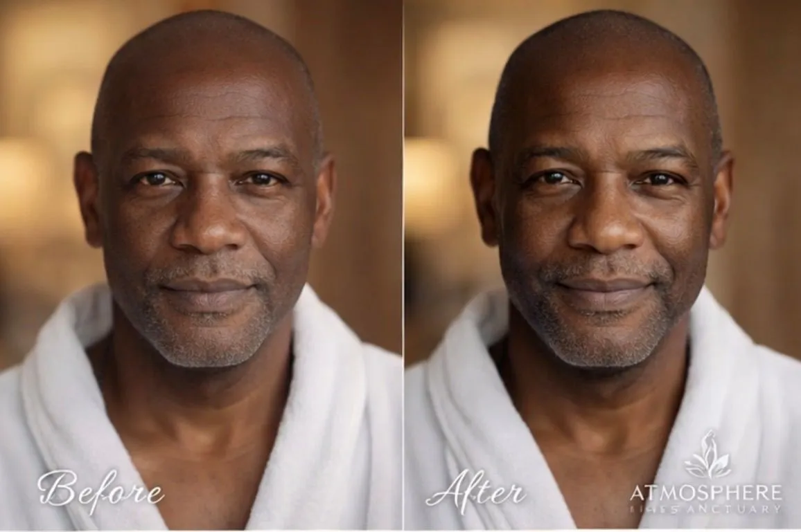Before-and-after client result image with Atmosphere Skin Sanctuary™ branding.