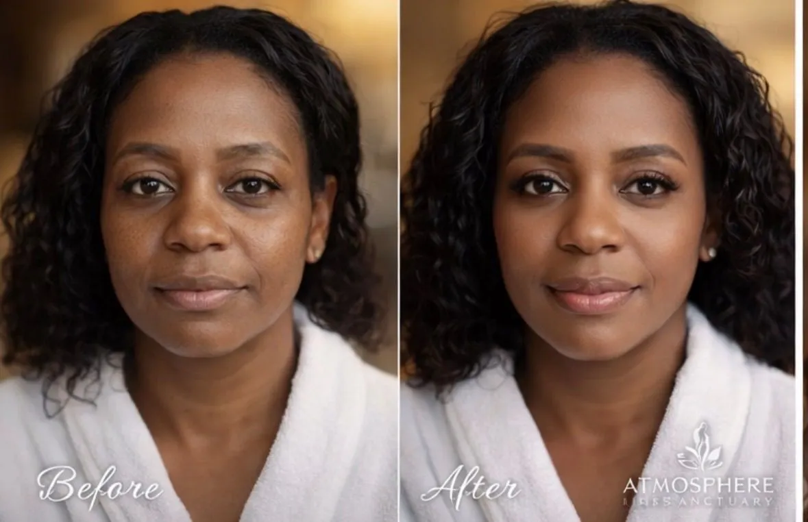 Before-and-after client result image with Atmosphere Skin Sanctuary™ branding.