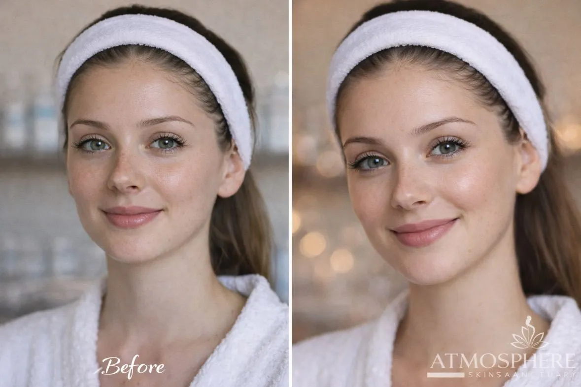 Before-and-after client result image showing a person wearing a white headband and robe with Atmosphere Skin Sanctuary™ branding.