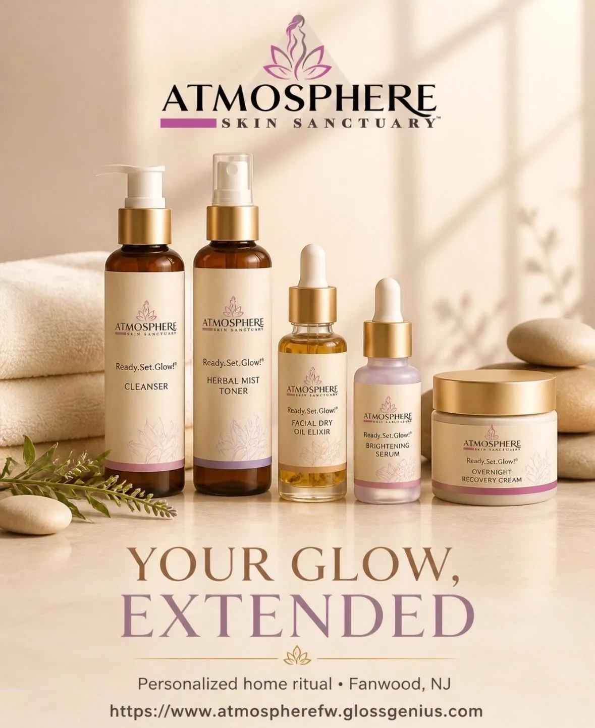 The Ready. Set. Glow!™ Skincare that Cares collection by Atmosphere Skin Sanctuary™, showing Goodnight Goddess — Overnight Glow Hydrating Recovery Cream, Advanced Revival Herbal Mist Toner, Perfection Complexion Facial Dry Oil Elixir, Calming Zen Matcha & Ginseng Replenishing Cleanser, and Get Lit! Hyaluronic and Kojic Acid Brightening Serum